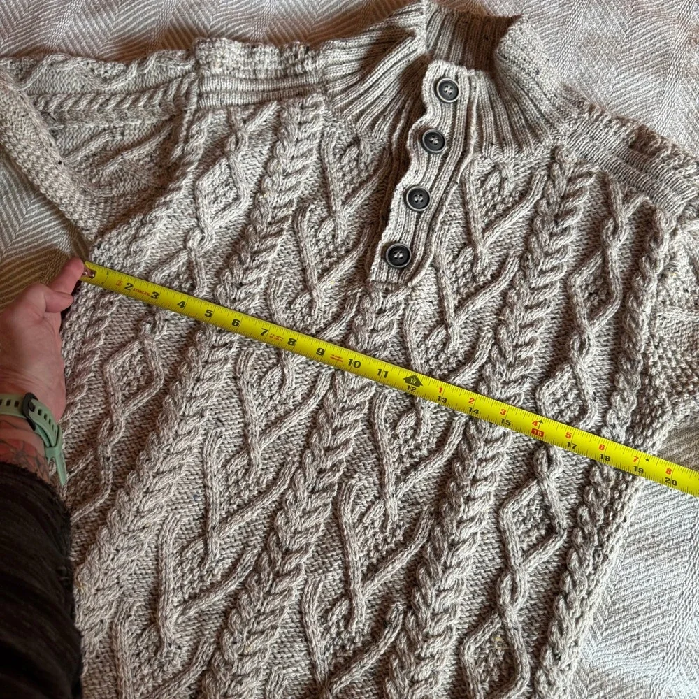 Aran Sweater Market Mens Merino Wool Cable Knit Button Mock Neck Sweater Beige S
